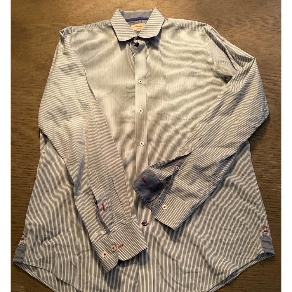 Stone Rose Mens Blue White Micro Stripe Cotton Button Down Shirt Long Sleeve L